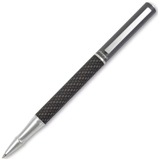 Pen with carbon fiber texture and silver accents on a white background