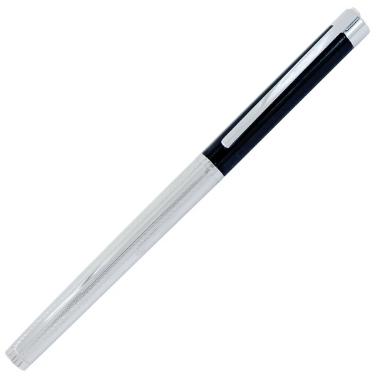 Silver pen with black accents on a white background