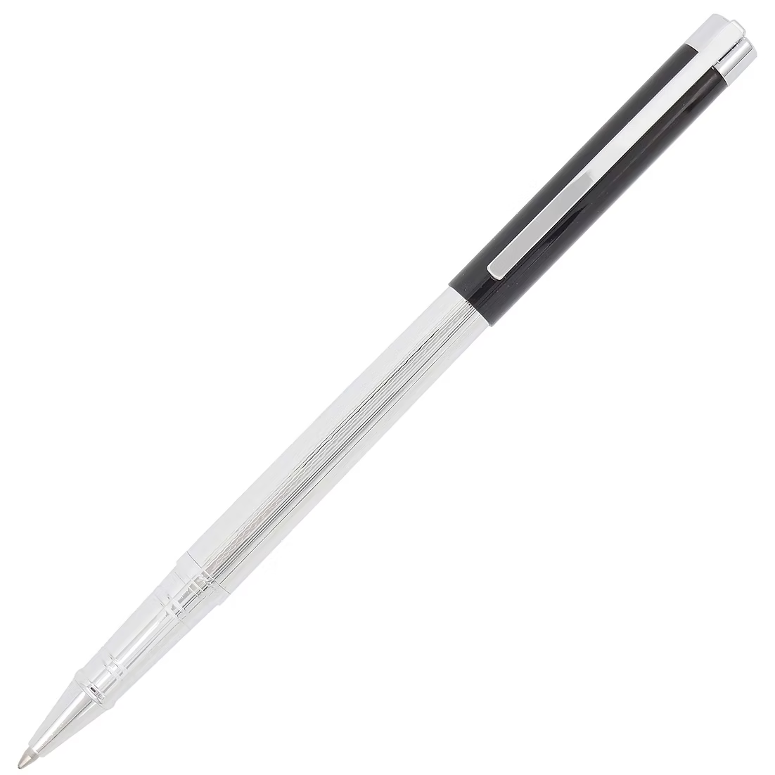Silver pen with black accents on a white background