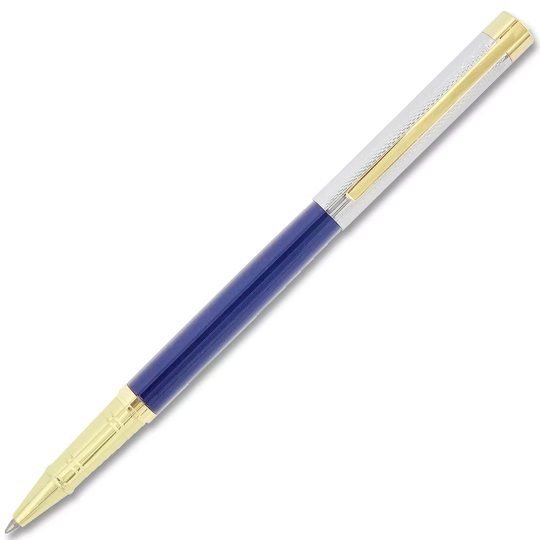 Pen with gold, silver, and blue design on a white background