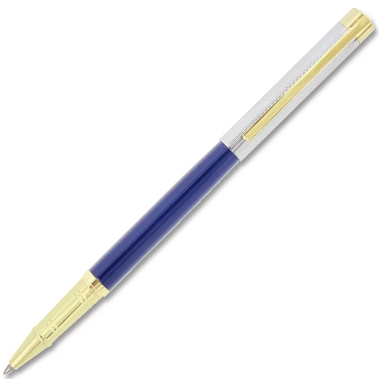 Pen with gold, silver, and blue design on a white background