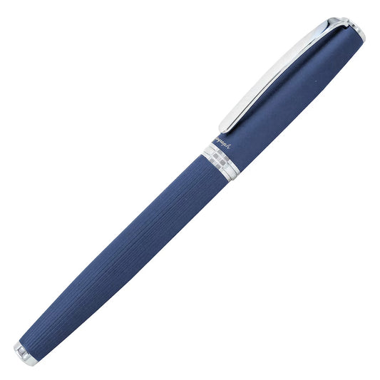 Blue pen with silver accents on a white background