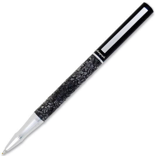 Pen with black textured grip and silver accents on a white background