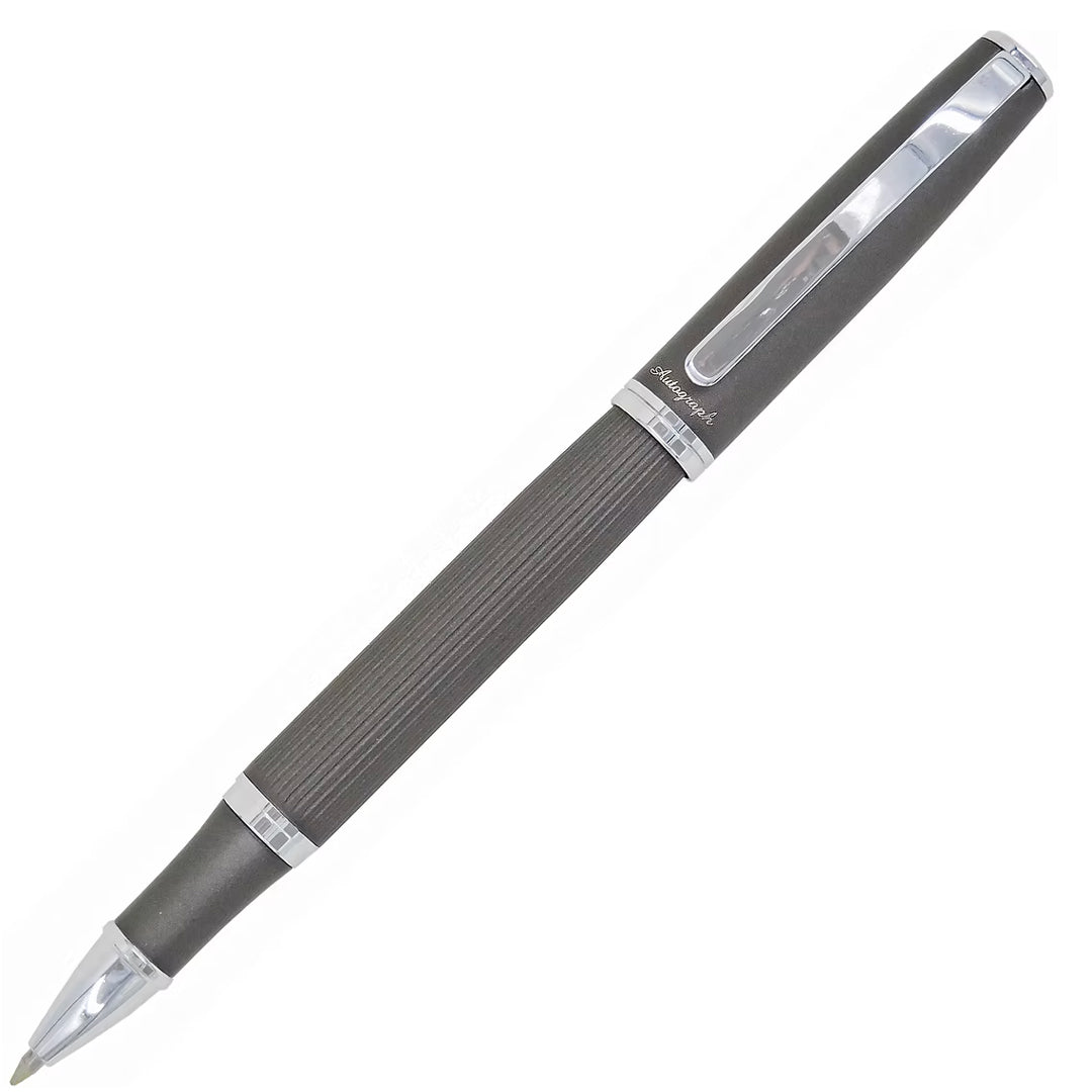 Gray pen with silver accents on a white background
