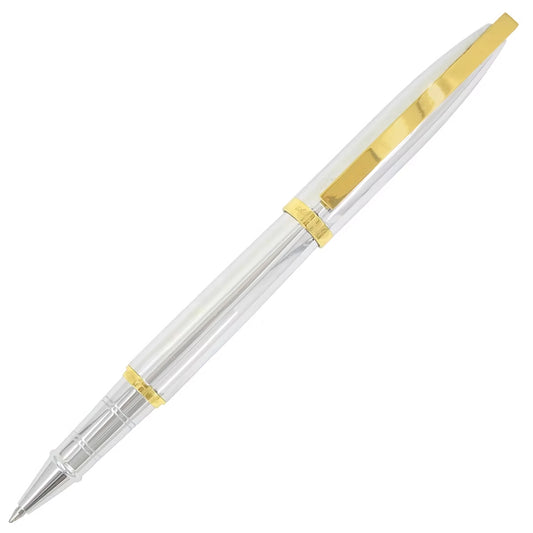 Silver pen with gold accents on a white background