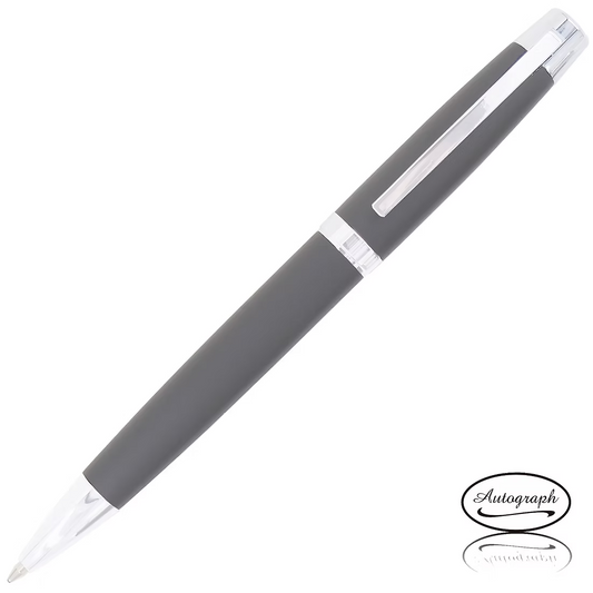 Gray pen with silver accents on a white background