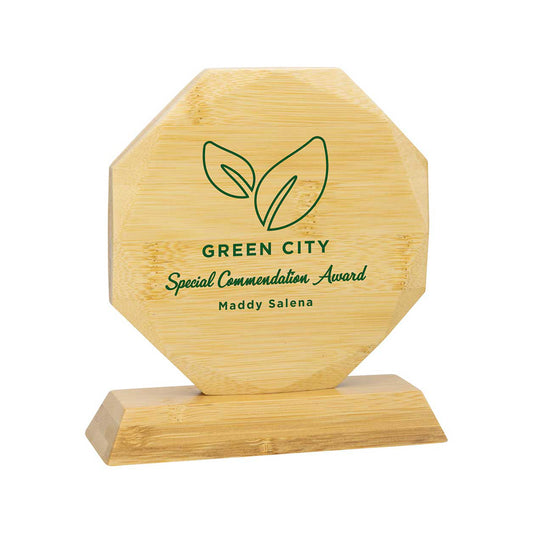 Bamboo award with 'Green City' logo and text on a white background