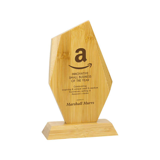 Wooden award with Amazon logo and text on a white background