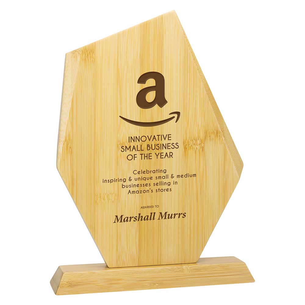 Wooden award with Amazon logo and text on a white background