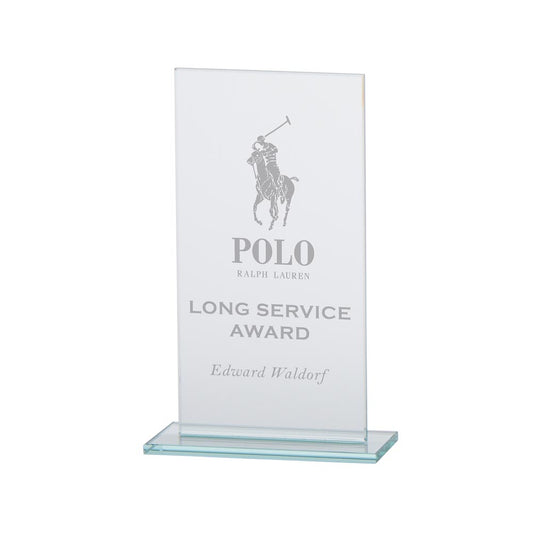 Glass award with Polo Ralph Lauren logo and text on a white background