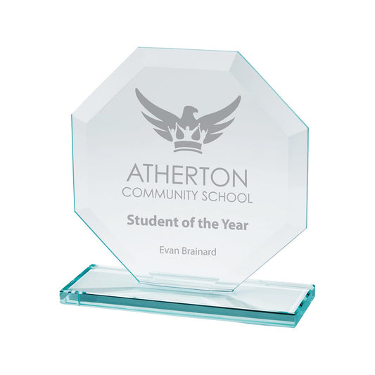 120mm glass award for 'Student of the Year' at Atherton Community School on a white background
