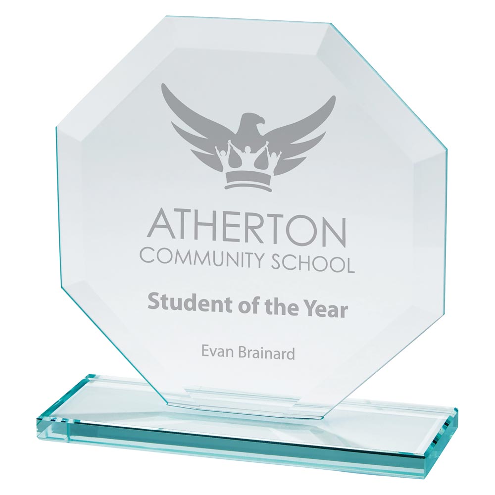 160mm glass award for 'Student of the Year' at Atherton Community School with engraved text.