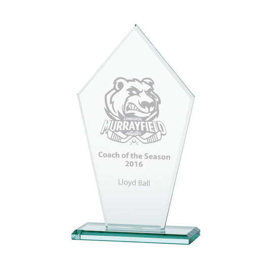 Glass award with engraved text and logo on a white background
