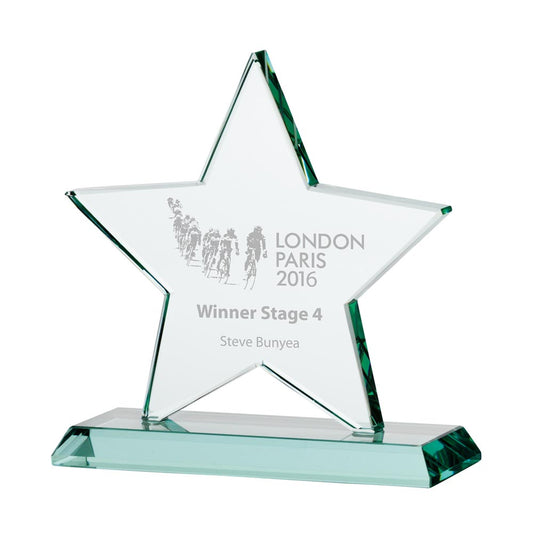 135mm star-shaped glass award with engraved text on a white background