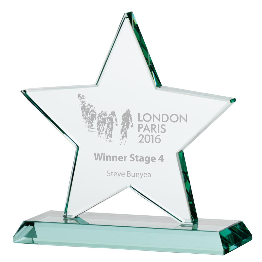 170mm star-shaped glass award with engraved text on a white background