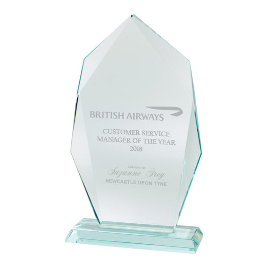 Glass award for British Airways Customer Service Manager of the Year 2018 on a white background