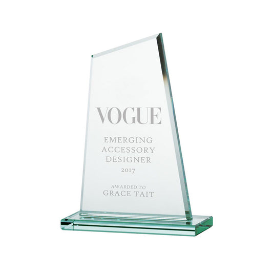150mm glass award with 'VOGUE Emerging Accessory Designer 2017' text on a white background
