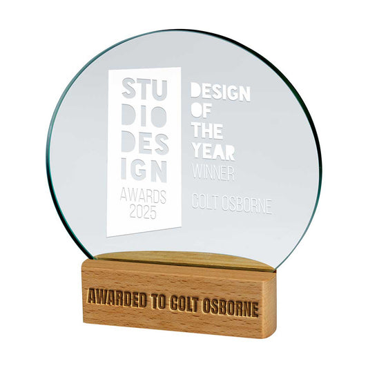 150mm glass award with wooden base for 'Design of the Year' winner 2025, displayed on a white background.