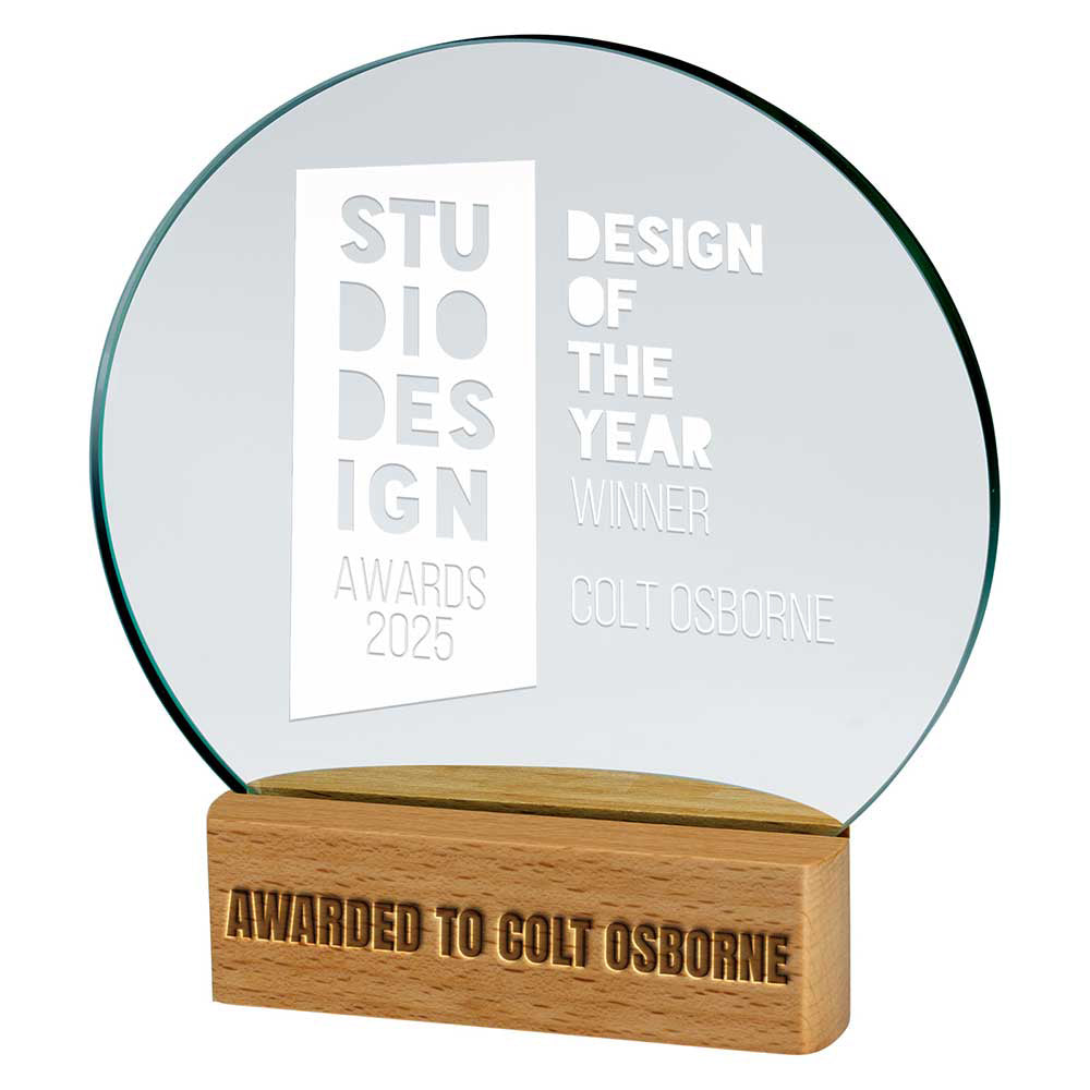 170mm glass award with wooden base for 'Design of the Year' winner Colt Osborne, from Studio Design Awards 2025.
