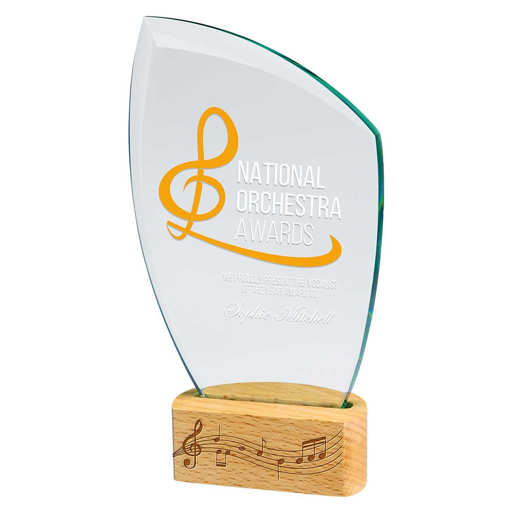 220mm glass award with wooden base featuring 'National Orchestra Awards' text and treble clef symbol on a white background.