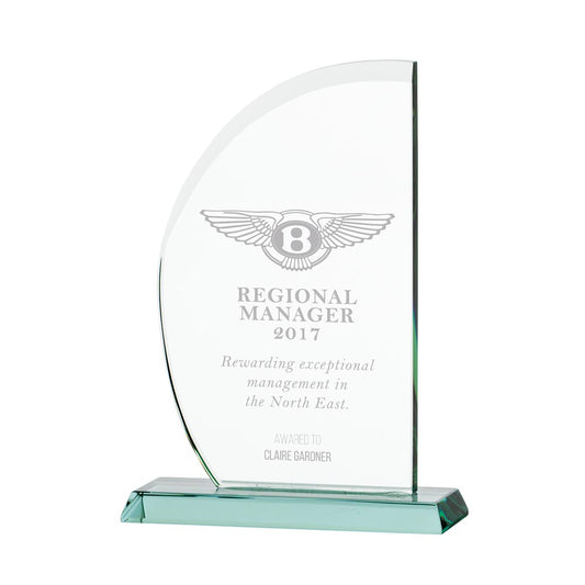 Glass award with Bentley logo and text on a white background