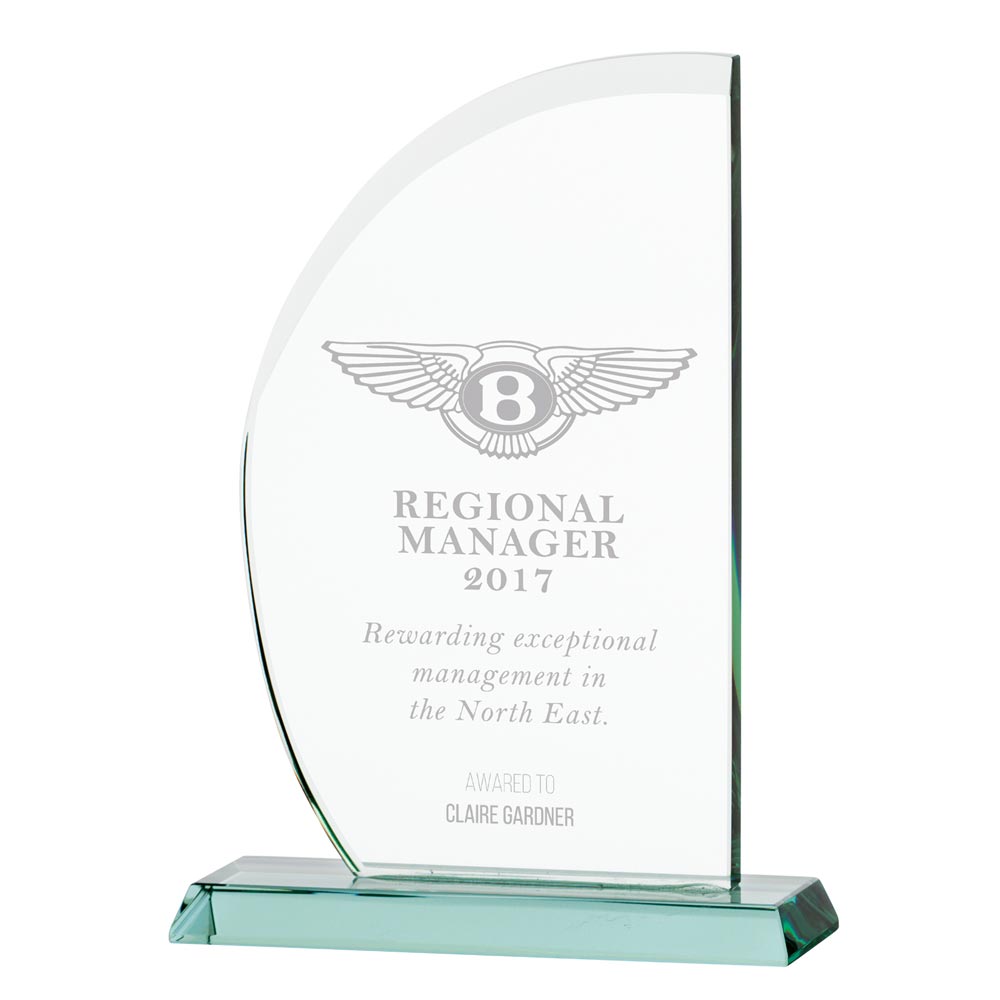 Glass award with Bentley logo and text on a white background