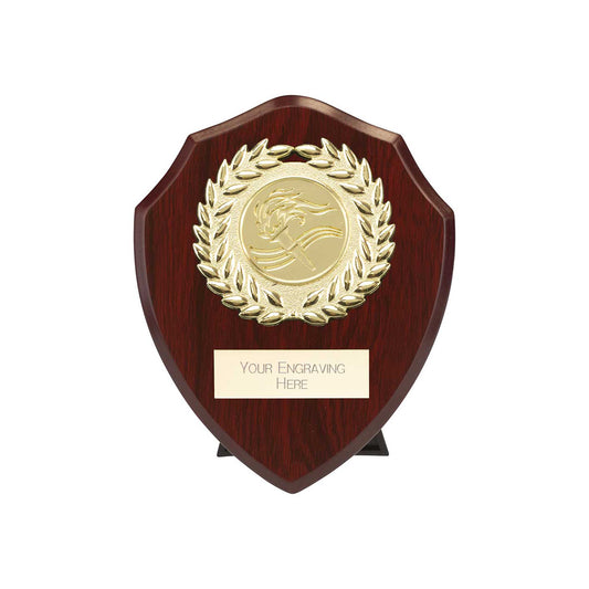 100mm cherry wooden plaque with gold emblem and engraving area on a white background