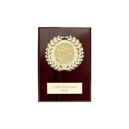 80mm wooden plaque with gold emblem and engraving area on a white background