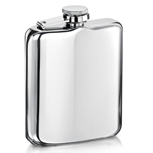 Clear glass flask with silver cap on a white background