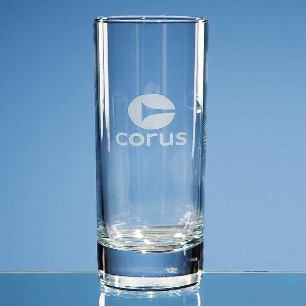 Clear glass with 'corus' logo on a blue background