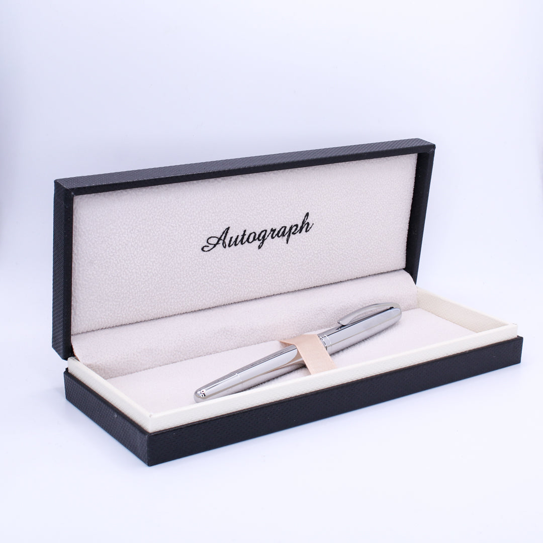Silver pen in an open 'Autograph' box on a white background