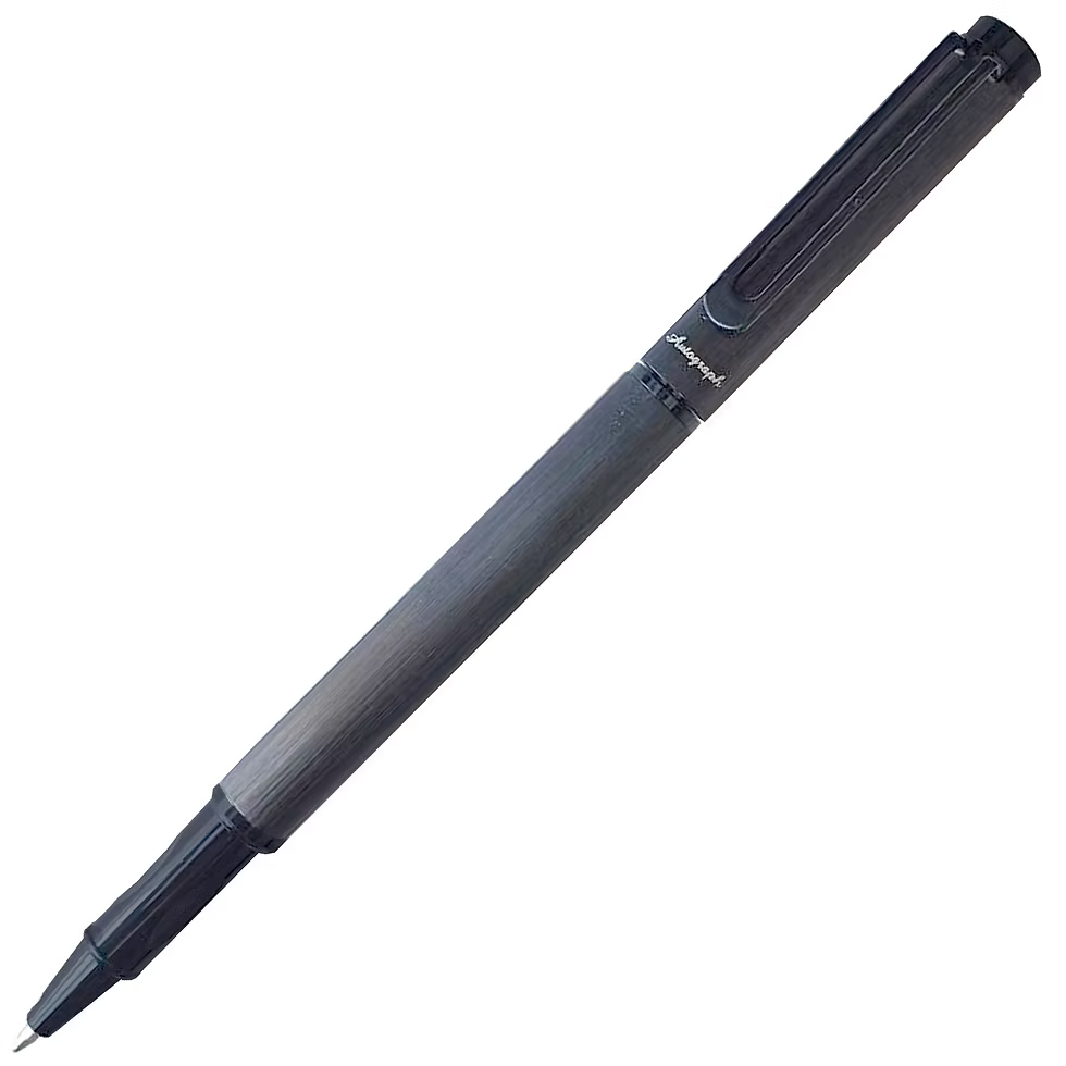 Black pen on a white background