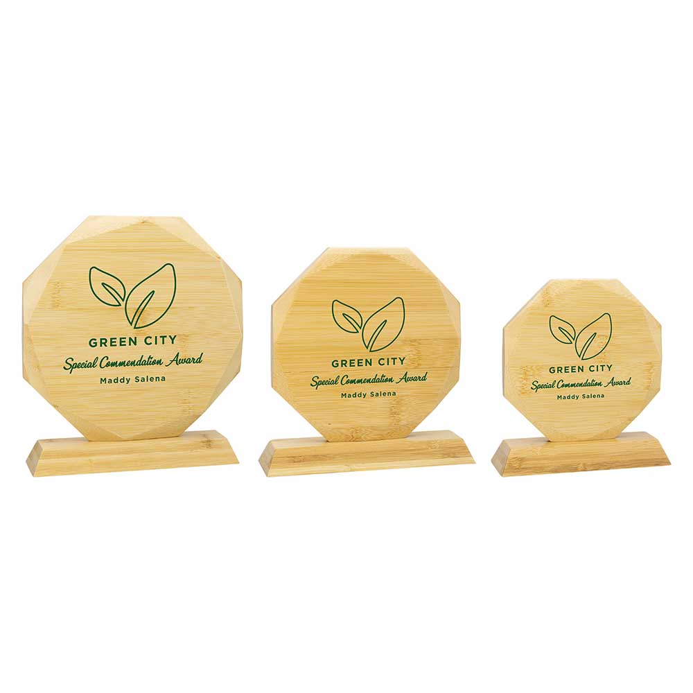 Three wooden awards with 'Green City' branding on a white background