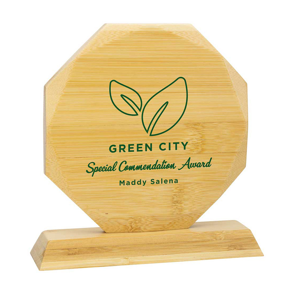 Bamboo award with 'Green City' logo and text on a white background