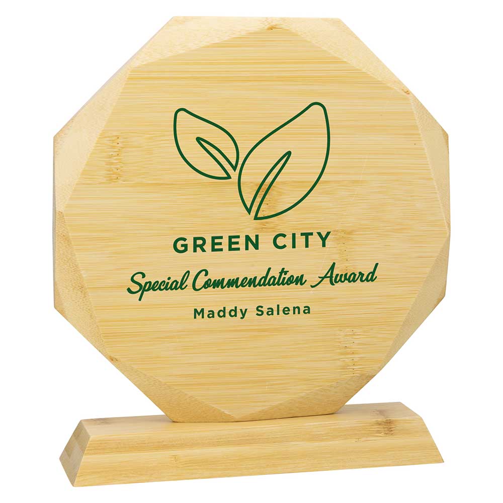 Bamboo award with 'Green City' logo and text on a white background