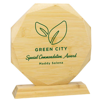 Bamboo award with 'Green City' logo and text on a white background