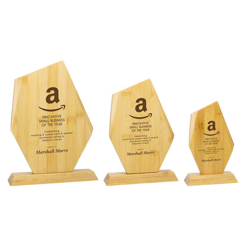 Three wooden awards with Amazon branding on a white background