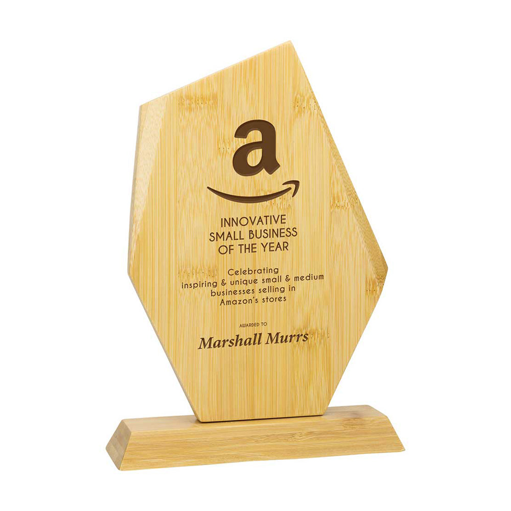 Wooden award with Amazon logo and text on a white background