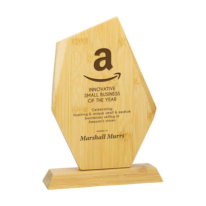 Wooden award with Amazon logo and text on a white background