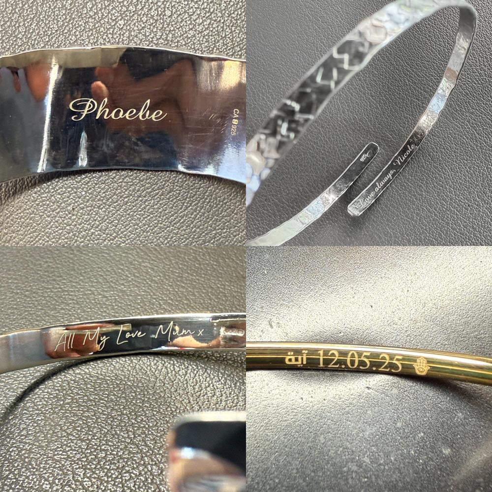 Collage of a silver bracelet with engraved text on a textured surface