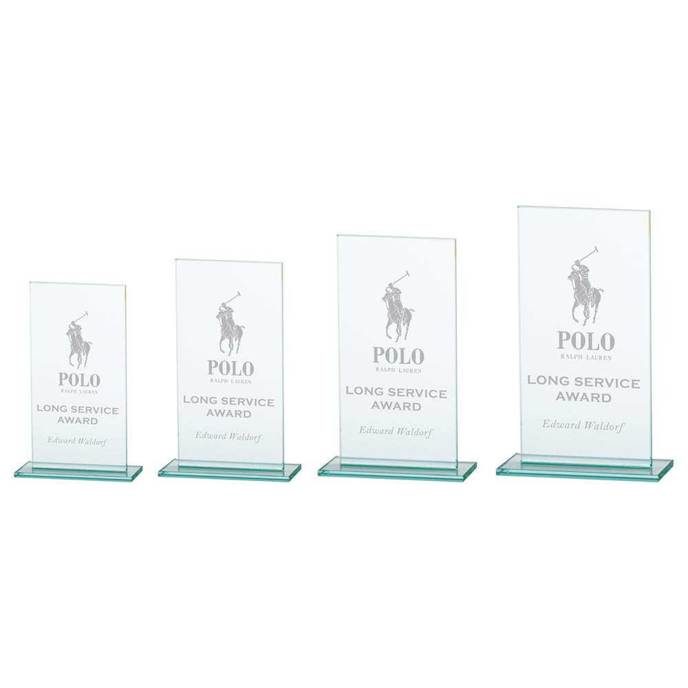 Set of four glass awards with Polo logo on a white background