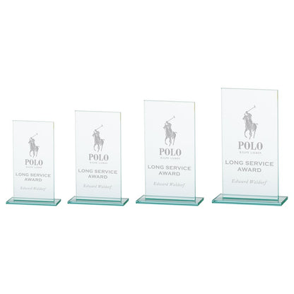 Set of four glass awards with Polo logo on a white background