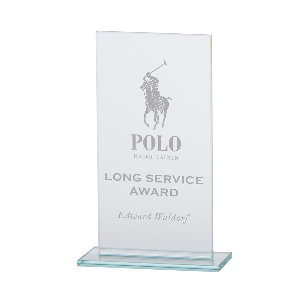 Glass award with Polo Ralph Lauren logo and text on a white background