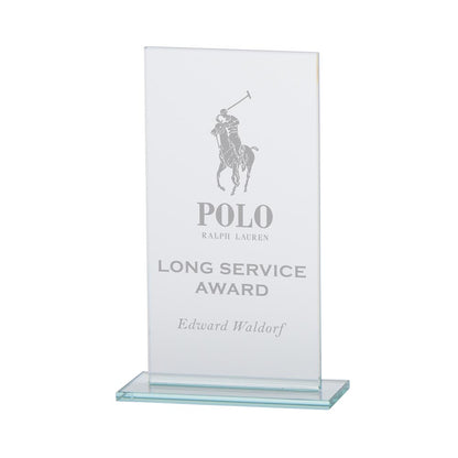 Glass award with Polo Ralph Lauren logo and text on a white background