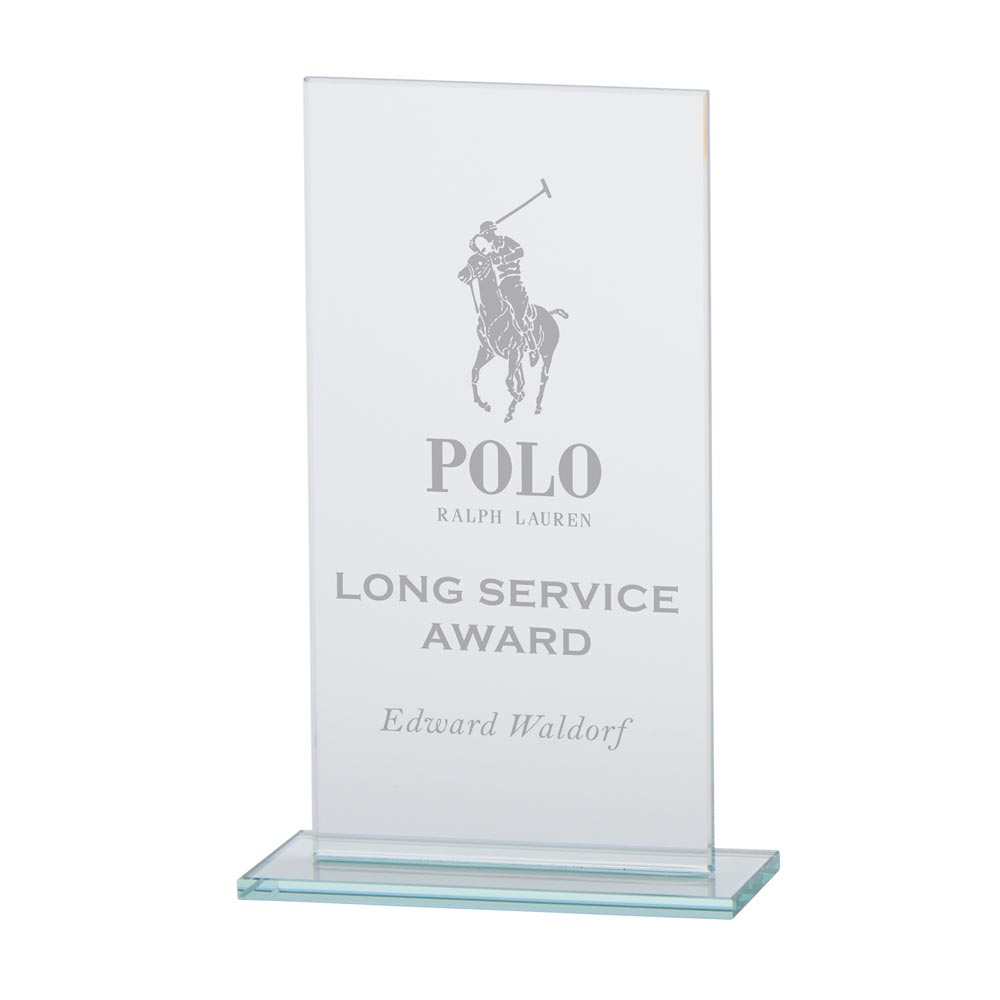 Glass award with Polo Ralph Lauren logo and text on a white background