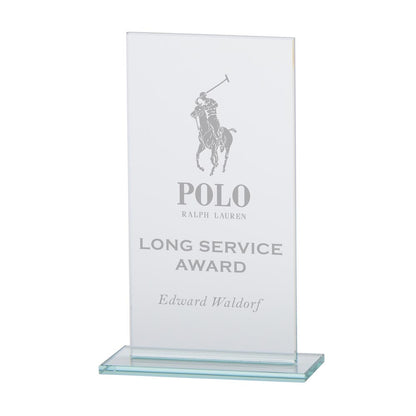 Glass award with Polo Ralph Lauren logo and text on a white background