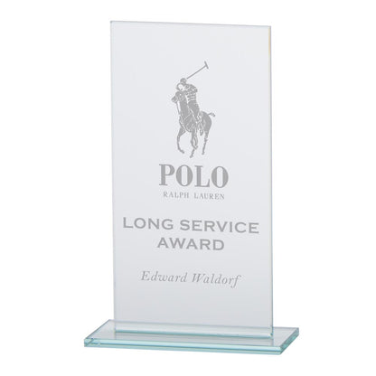 Glass award with Polo Ralph Lauren logo and text on a white background
