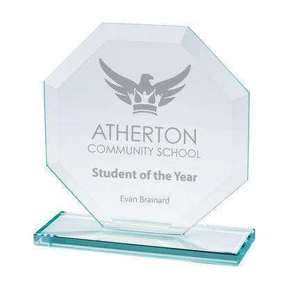 140mm glass award for Atherton Community School's Student of the Year on a white background