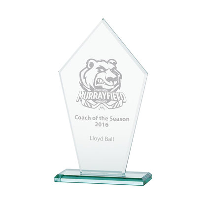 Glass award with engraved text and logo on a white background