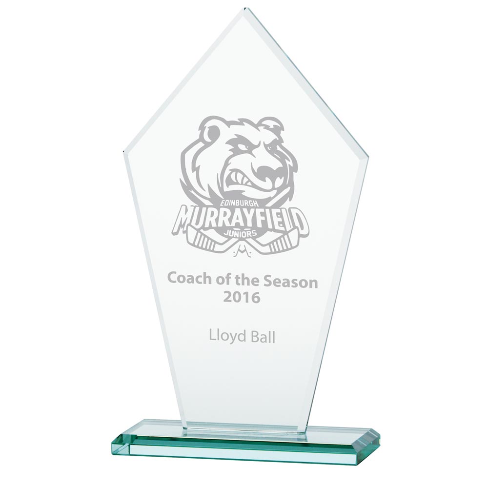 Glass award with engraved text and logo on a white background